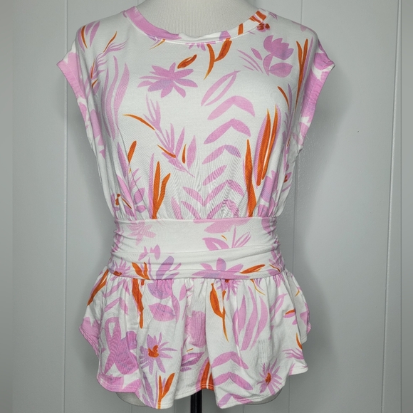 SALE Anthropologie Postmark Tropical Pink White Floral Peplum Cap Sleeve Top XS - Picture 3 of 12